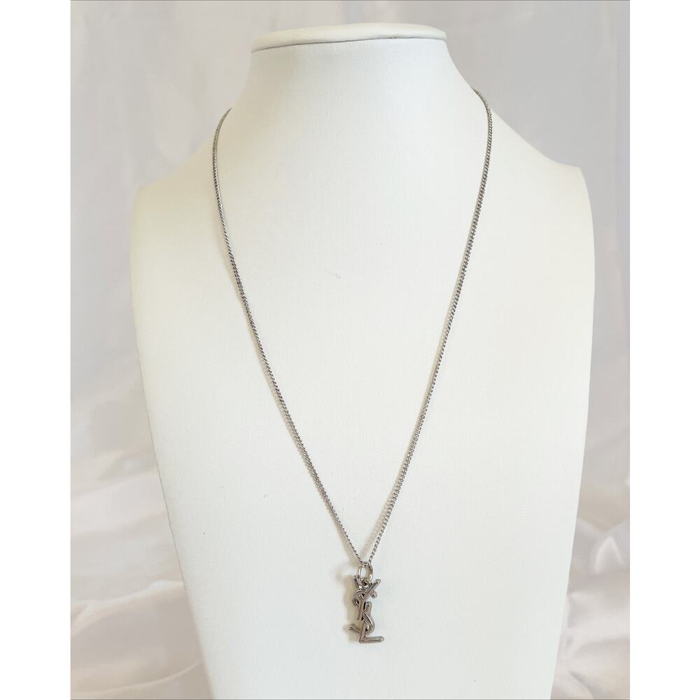 YVES SAINT LAURENT YSL Logo Charm Zipper Pull Pendant Necklace Silver Tone - Picture 7 of 11